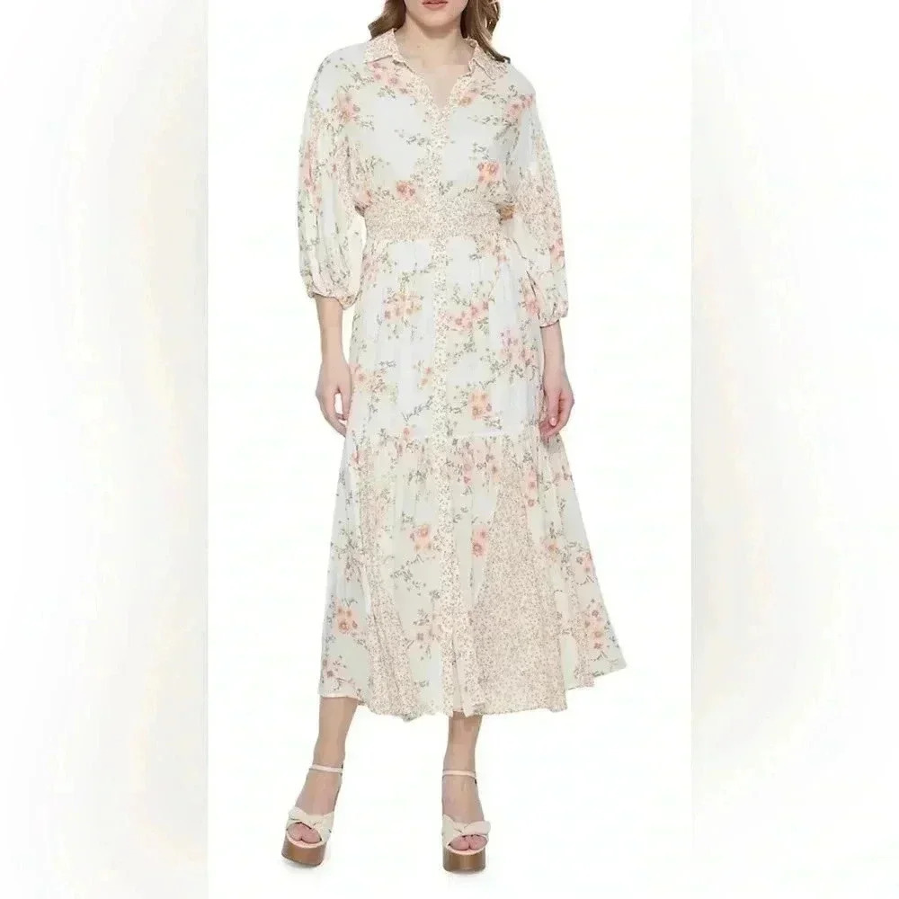 NWT Dex orange  cream smock waist floral mid sleeve dress XS
